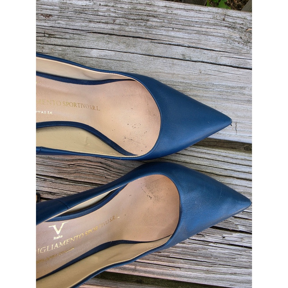 Versace 1969 Navy Blue Leather Pointed Toe Stiletto Pumps Made in Italy Size 37 - Picture 8 of 11